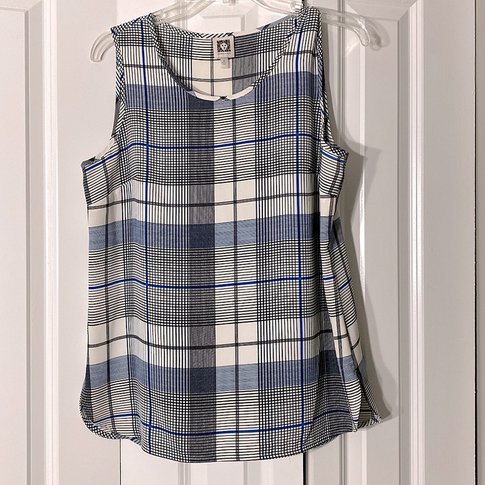 Anne Klein sleeveless blue checkered blouse, size medium.